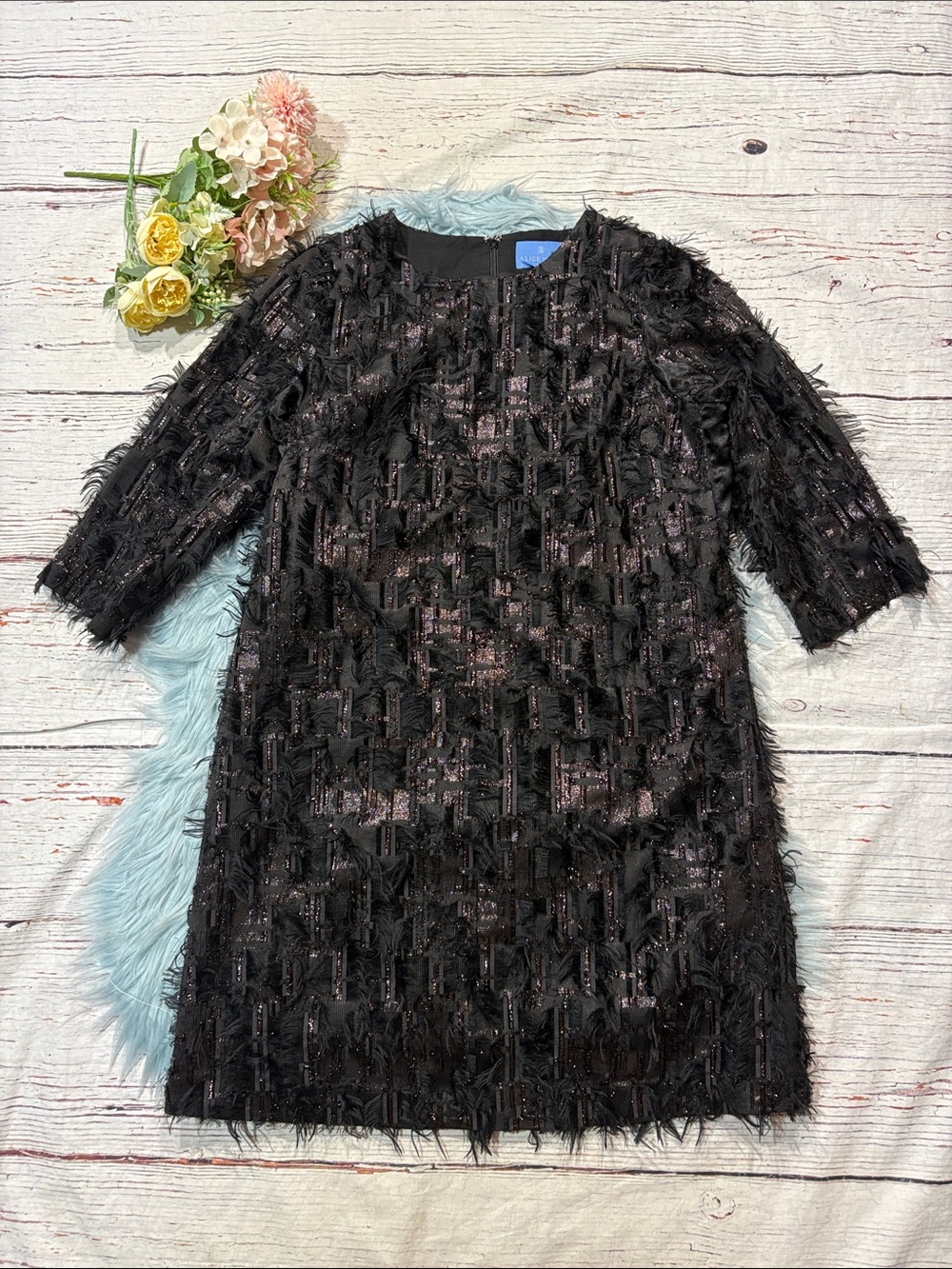Alice Walk Black Shimmer Feather Shift Crewneck Dress